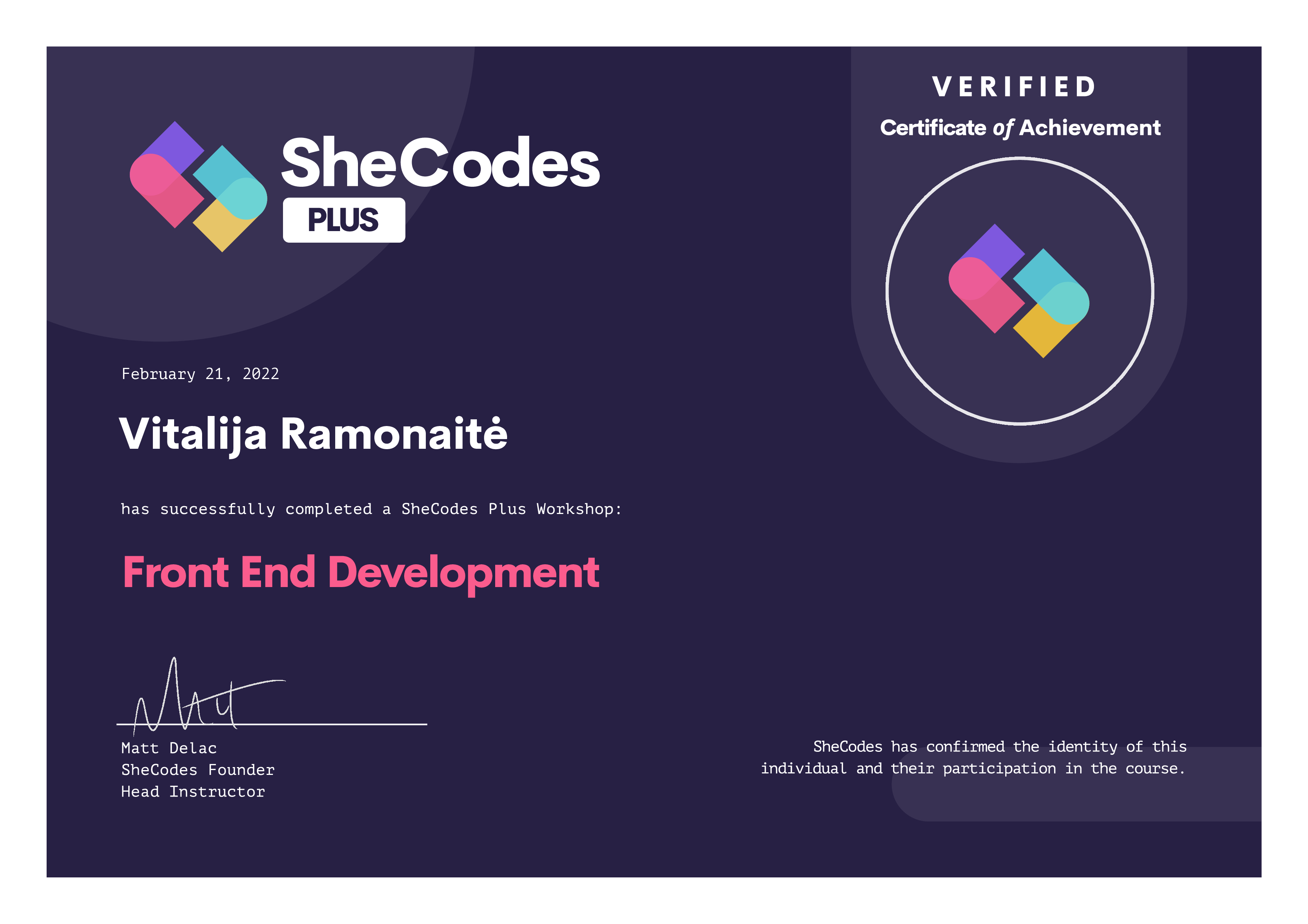 SheCodes certificate